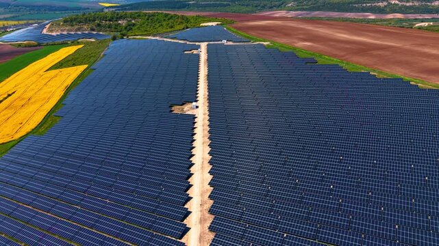 Vast photovoltaic farm with central dirt road amid agricultural land. Drone perspective of symmetrical panel rows, rapeseed patches, and plowed earth under partly cloudy sky.