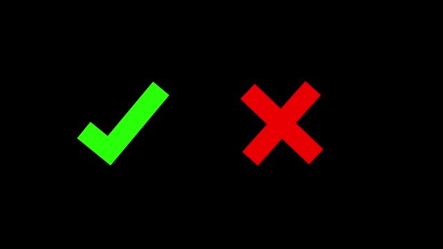 Animated green check mark and red cross symbols with brush stroke texture 4k video. Approval badge, checklist, done, warning, yes or no, and green tick sign animation