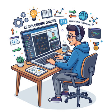 Young Man Learning Coding Online on Laptop