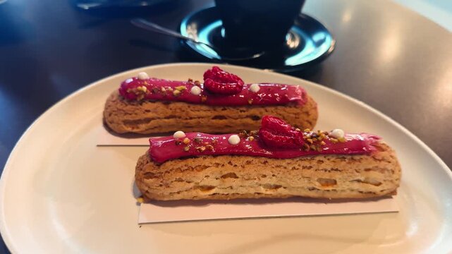 Elegant French eclairs with raspberry glaze and creamy filling served on a stylish plate. Close-up shot highlighting delicate texture, vibrant colors and gourmet presentation, perfect for bakery