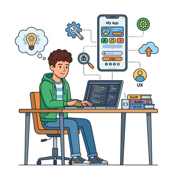 Software Developer Coding Mobile App Vector Illustration
