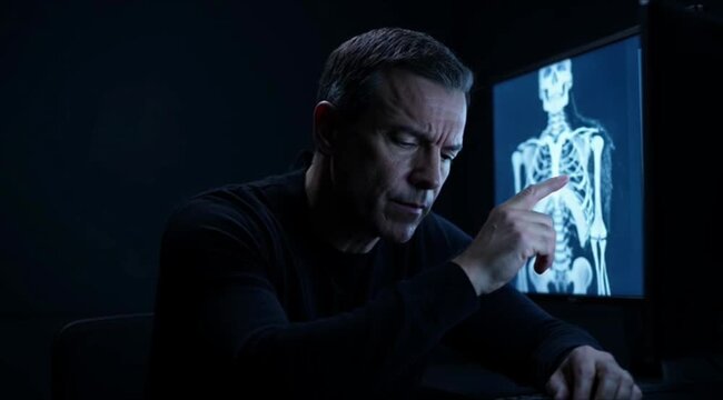 Focused middle-aged male doctor studying a digital human skeleton scan in a dark blue medical office.