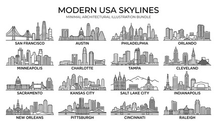 Fototapeta premium Minimal Black Modern USA City Skyline Collection – American Urban Landmark Silhouette Set