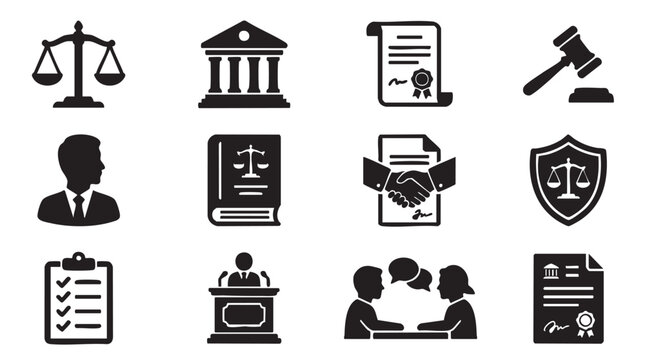 Legal and Justice Icons Set Collection Black Glyph Symbols for Law Court Attorney and Legal Services,Professional legal and justice icon set featuring balance scale, courthouse, legal certificate, jud