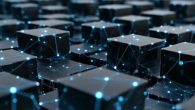 Abstract Digital Cube Technology Network Connection Glowing Blue Lights, Data Flow