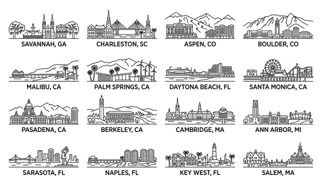 Minimal Black Coastal and Historic American City Skyline Icons Set, 16 USA Line Art Vector Skylines on White Background