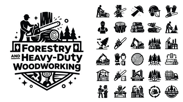 Forestry and heavy-duty woodworking icons set, professional logging industry vector symbols, black timber harvesting and lumberjack equipment graphics