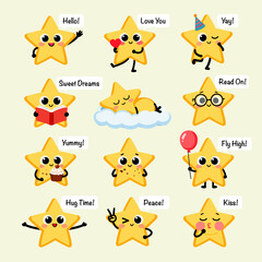 Obraz premium Adorable kawaii star mascot sticker set showing various emotions and activities including reading, sleeping, celebrating, hugging, flying, and expressing love. Perfect for children's products