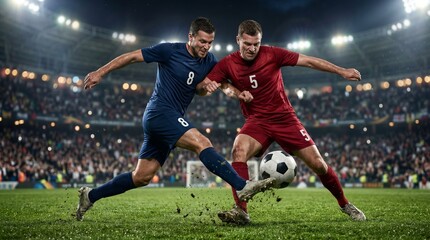 Naklejka premium Two professional football players intensely competing for a soccer ball 