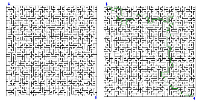 Rectangular maze with solution &ndash; black and white shaped maze puzzle vector, clean line art, printable logic game for activity books and worksheets png transparent background