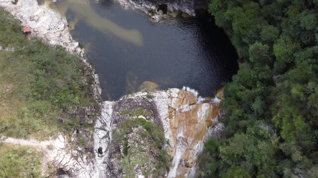 Aerial views of the natural pools at Capivara Waterfall, Serra da Canastra, Brazil, showcasing crystal-clear waters, unique rock formations, pristine tropical landscapes, and untouched natural beauty.