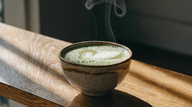 Steaming hot matcha tea in a rustic ceramic bowl on a textured wooden surface, captured in natural light with gentle steam rising.