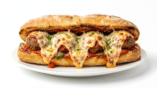 Meatball sub sandwich with melted cheese on a white plate transparent background