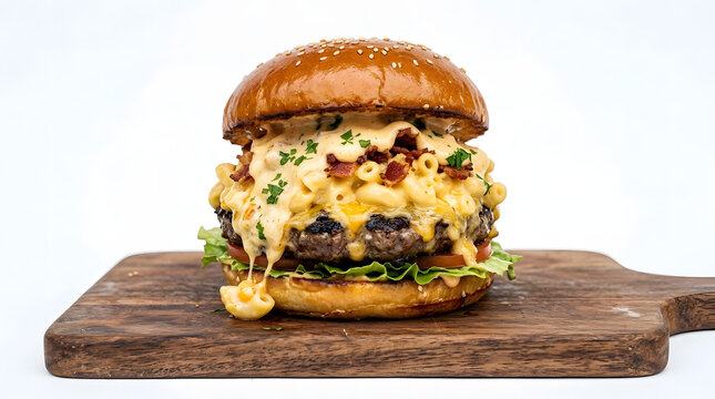 Delicious mac and cheese bacon burger on wooden cutting board transparent background