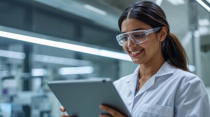 Fototapeta premium Smiling Female Researcher Analyzing Scientific Data on Tablet in Advanced Biotechnology Laboratory