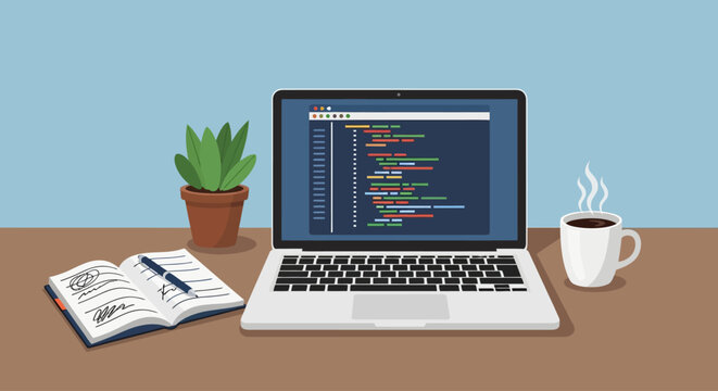 Laptop with coding on screen.