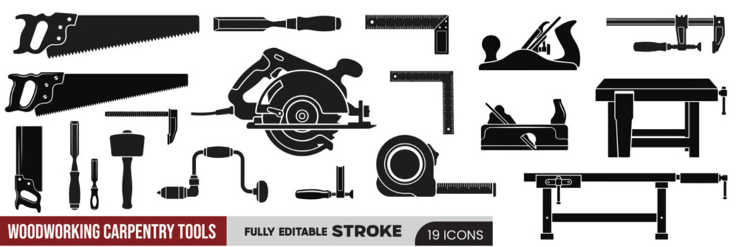 19 Woodworking Carpentry Tools Icons Set, Professional Joiner and Carpenter Hand tools Vector Graphics, Hand Saw Circular Saw Chisel and Workbench Symbols on White Background