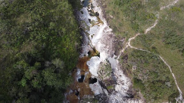 Aerial views of the natural pools at Capivara Waterfall, Serra da Canastra, Brazil, showcasing crystal-clear waters, unique rock formations, pristine tropical landscapes, and untouched natural beauty.