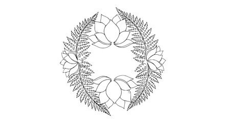Hand-drawn floral wreath with lotus flowers and fern leaves, botanical illustration, black and white line art © Chichi