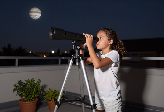 Girl Exploring Jupiter with Telescope on Rooftop