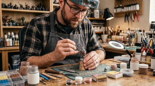 Man meticulously painting a miniature figure with fine detail tools and magnifying lamp in a hobby workshop