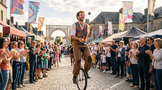 Street performer juggles balls while riding a unicycle in front of an applauding crowd at a festival