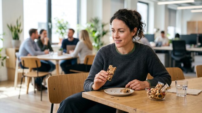 Woman eating healthy snack bar and nuts in a modern office break room with colleagues in background