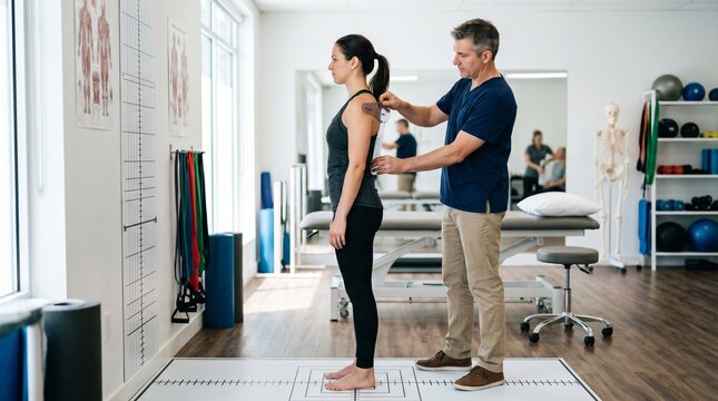 Physical therapist measures female patient's shoulder mobility using goniometer in clinic with exercise equipment