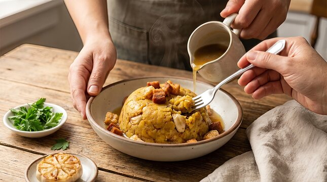 Close-up of a person pouring broth over a mound of mofongo, a Puerto Rican dish, with a fork ready to eat.