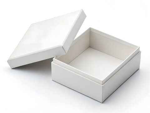 Blank White Cardboard Gift Box with Separate Lid Leaning on White Background, Empty Square Rigid Box Mockup for Jewelry Candle Soap Packaging
