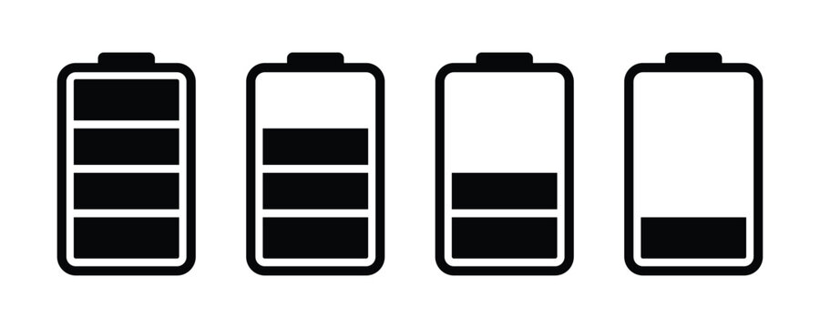 Battery Full Charge and Low Charge vector icon set. Battery icon are used to display how much power remains in smartphones, laptops, and tablets.