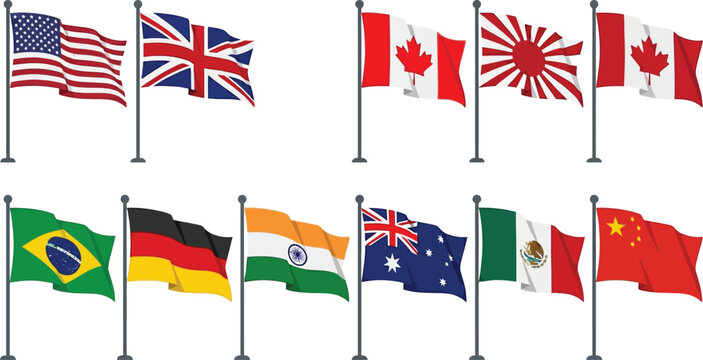 Set of ten country flags on flagpole including g7, bric, australia, mexico, and china on transparent background.