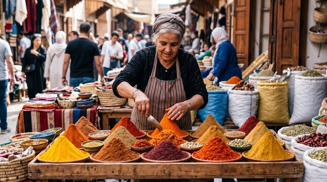 Elderly woman vendor selling colorful spices in a bustling outdoor market stall with many customers in the background