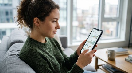 Fototapeta premium Young woman using smartphone with financial charts and graphs at home on couch