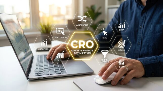 Businessman Working on Laptop with Conversion Rate Optimization Icons on Screen in Modern Office Setting with Natural Light