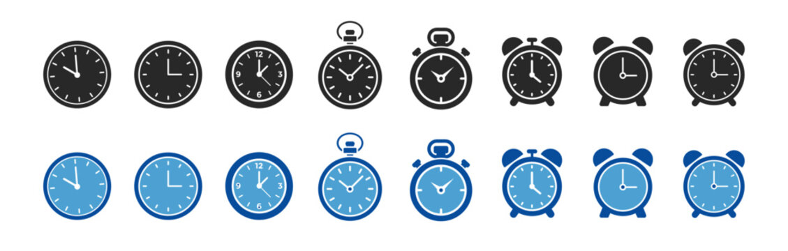 Clock and alarm icon set with editable stroke outline timekeeping and timer collection