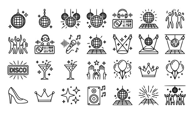 Monochrome disco ball icon collection with nightlife and dance party symbols