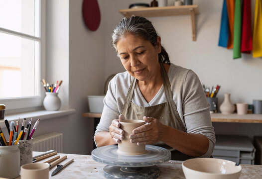 Senior Latina Ceramic Artist at Work in Studio