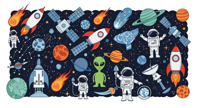 Detailed space exploration illustration is filled with astronauts aliens planets satellites rockets and asteroids.