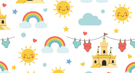 Naklejka premium Playful seamless summer pattern with smiling suns, rainbows, sandcastles, and swimsuits on a white background.