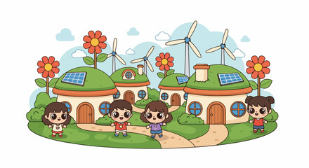 Fototapeta premium Children enjoying a sustainable eco-friendly village with renewable energy.