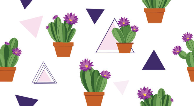Seamless pattern of blooming cacti in clay pots with purple flowers and geometric triangles on a white surface.