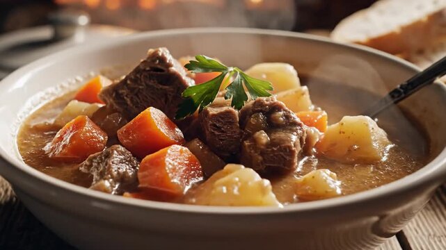 Bowl of hearty beef stew with chunks of meat, carrots, and potatoes on a rustic wooden table, featuring rising steam and a warm fireplace background with crusty bread slices.