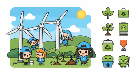 Fototapeta premium Children planting trees near wind turbines for environmental protection.