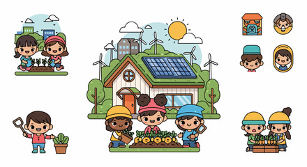 Fototapeta premium Children Planting Seeds in a Sustainable Eco-Friendly Garden.