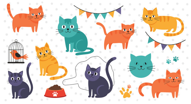 Large set of cute cartoon cats in various colors and poses with cat bowl, birdcage, and decorative elements.