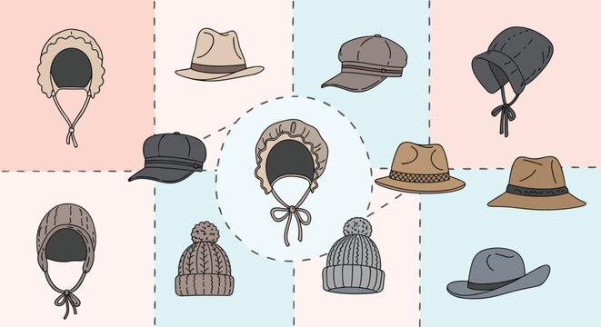 Educational infographic poster displaying different types of hats and bonnets for various weather and fashion styles.