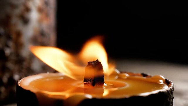 A serene candle flame flickers warmly, casting a golden glow on a dark background