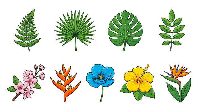 Tropical leaves, exotic flowers, jungle foliage, botanical icons, 8 elements isolated on White Background vector eps silhouette