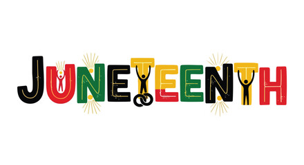 Fototapeta premium Juneteenth celebration text with colorful letters and broken chains